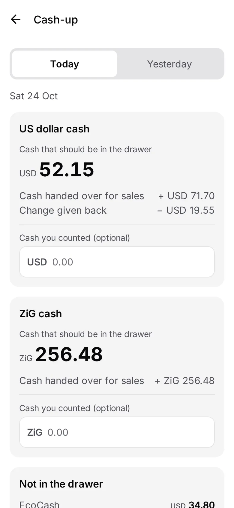 Cash-up for today: the US dollar cash and the ZiG cash that should be in the drawer, with a place to enter what you counted