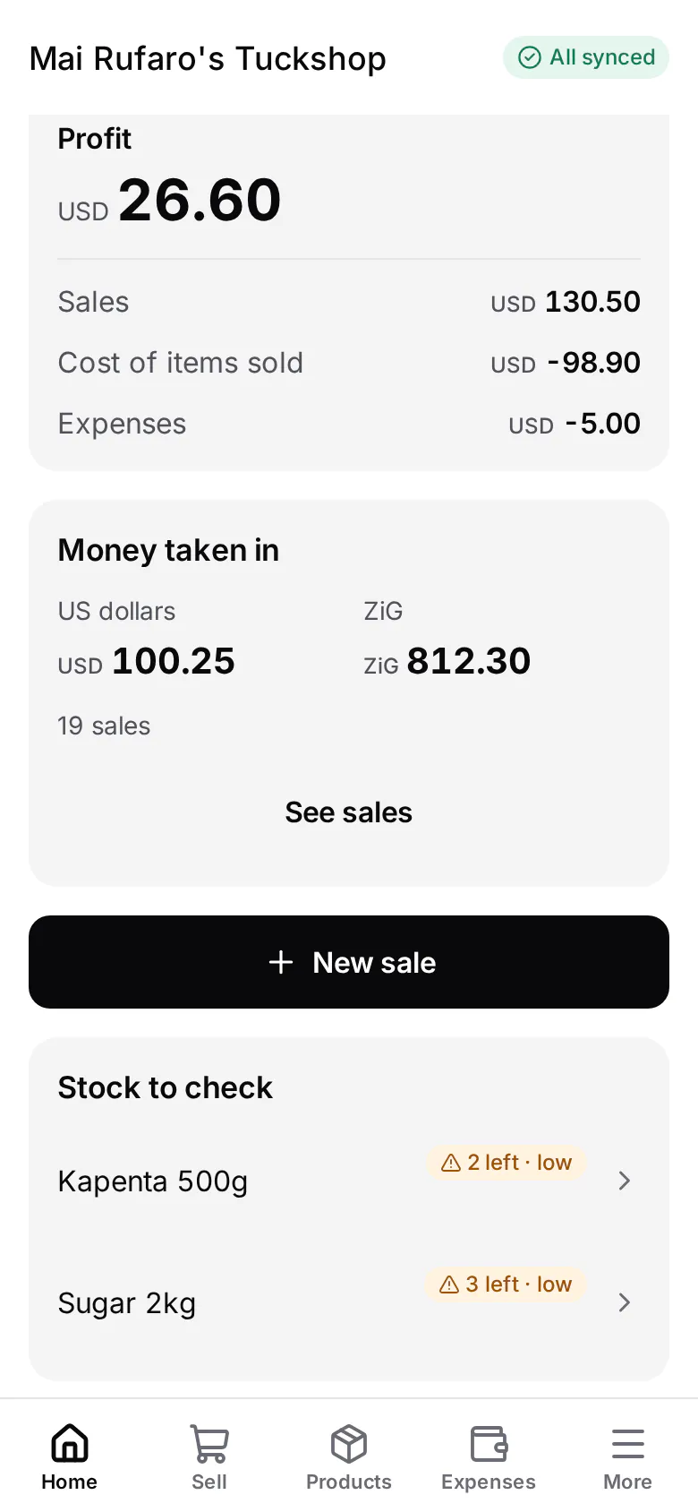 ShopFlow's home screen for the demo shop: profit USD 26.60 from sales of USD 130.50, money taken in of USD 100.25 and ZiG 812.30, and stock to check